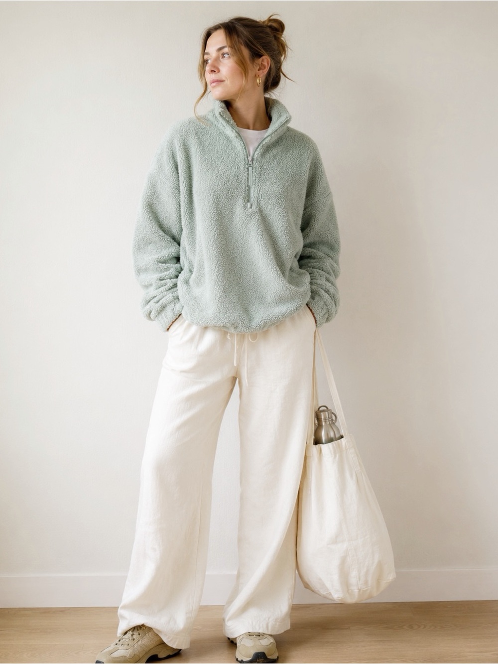 COS Woman Green Teddy Fleece 1/4 Zip  Oversized Relax Sweater MEDIUM Cozy